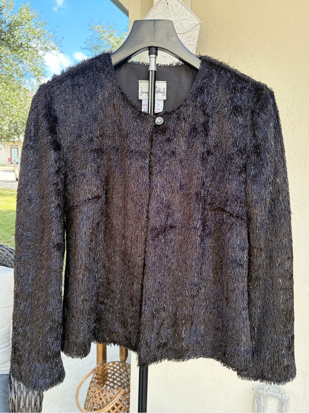 Joseph Ribkoff Shaggy Black Teddy Jacket with Gem Button